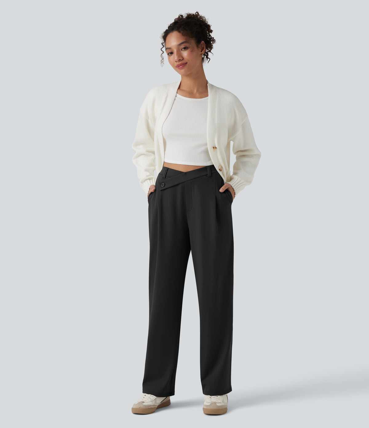Asymmetric High Waisted Work Straight Leg Trousers with Pockets — Black — view 6