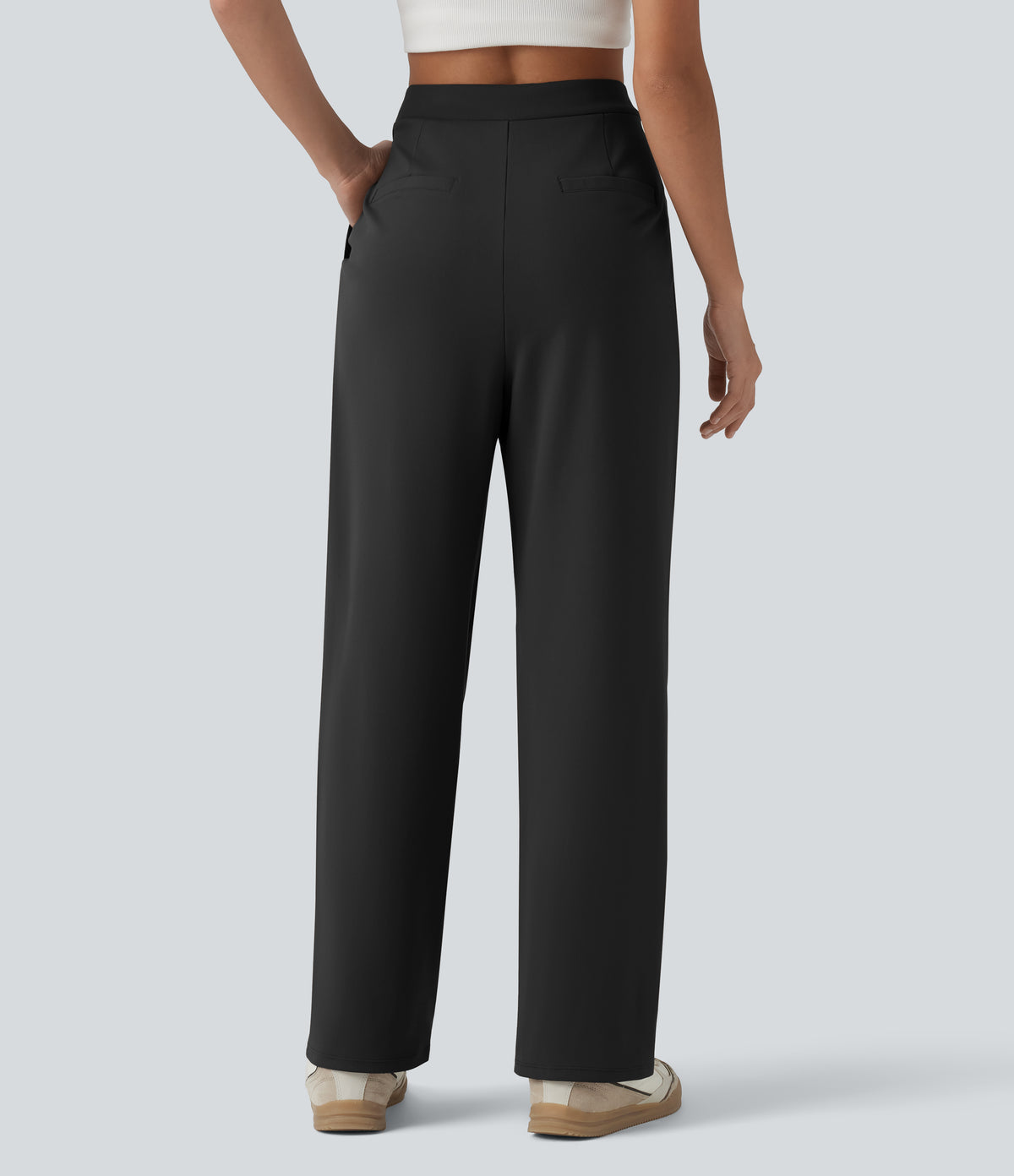 Asymmetric High Waisted Work Straight Leg Trousers with Pockets — Black — view 2