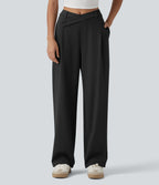 Asymmetric High Waisted Work Straight Leg Trousers with Pockets — Black — view 1