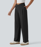 Asymmetric High Waisted Work Straight Leg Trousers with Pockets — Black — view 3