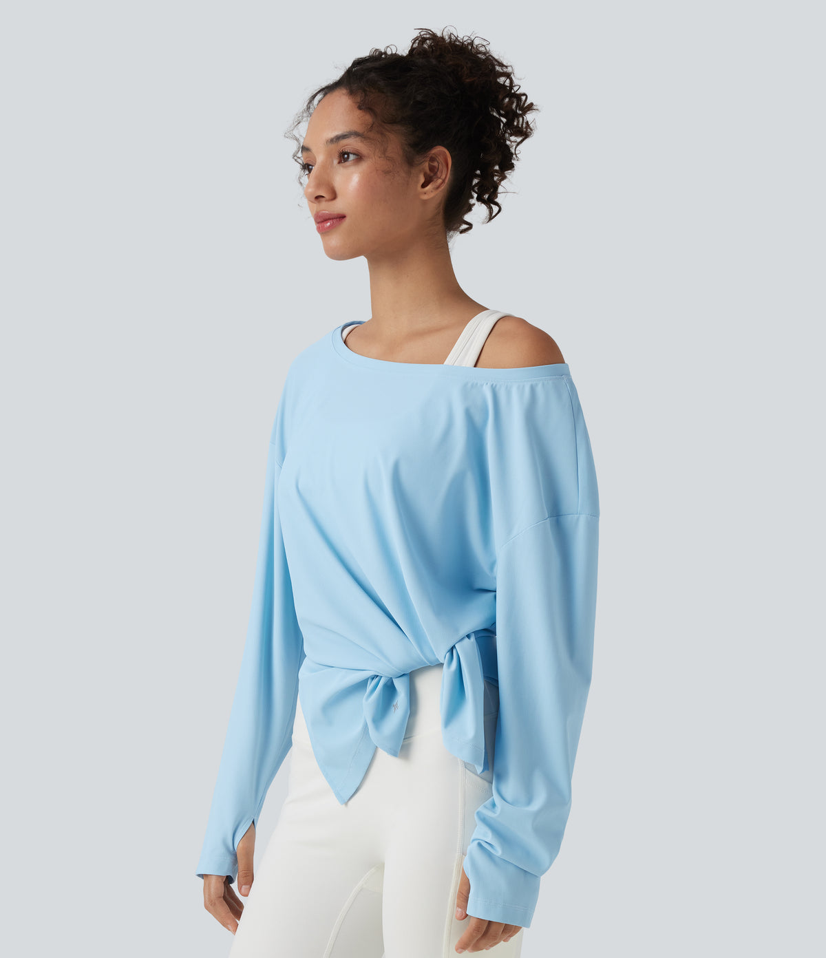 Boat Neck Long Sleeve Thumb Hole Hiking Sports Top-UPF40+ — Pure Blue — view 3