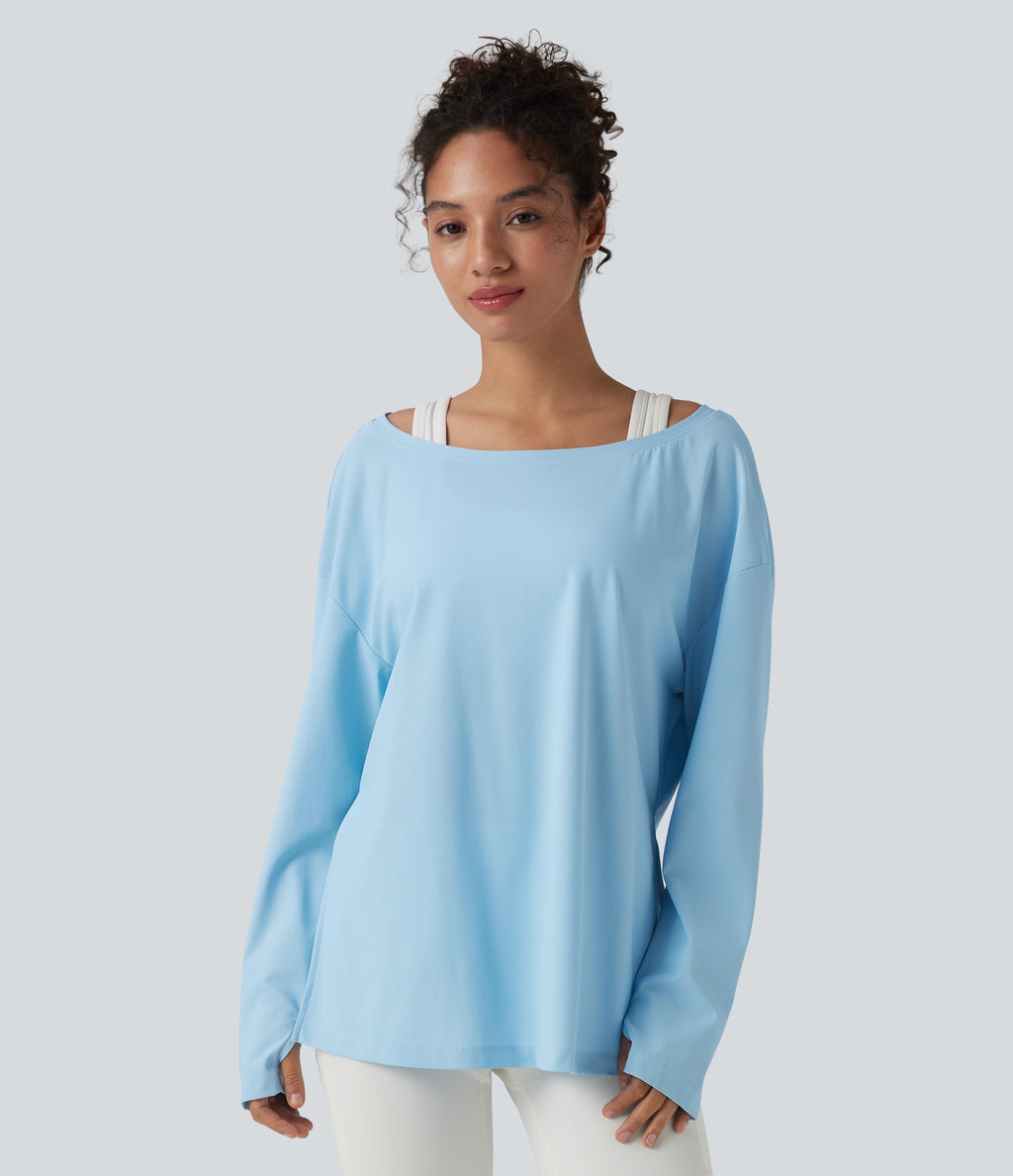 Boat Neck Long Sleeve Thumb Hole Hiking Sports Top-UPF40+ — Pure Blue — view 5