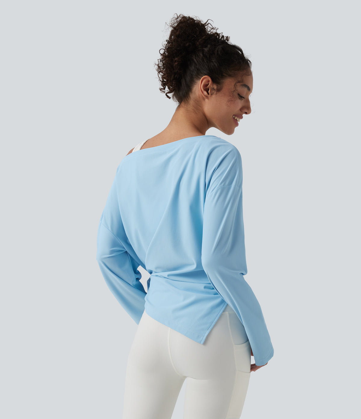 Boat Neck Long Sleeve Thumb Hole Hiking Sports Top-UPF40+ — Pure Blue — view 2