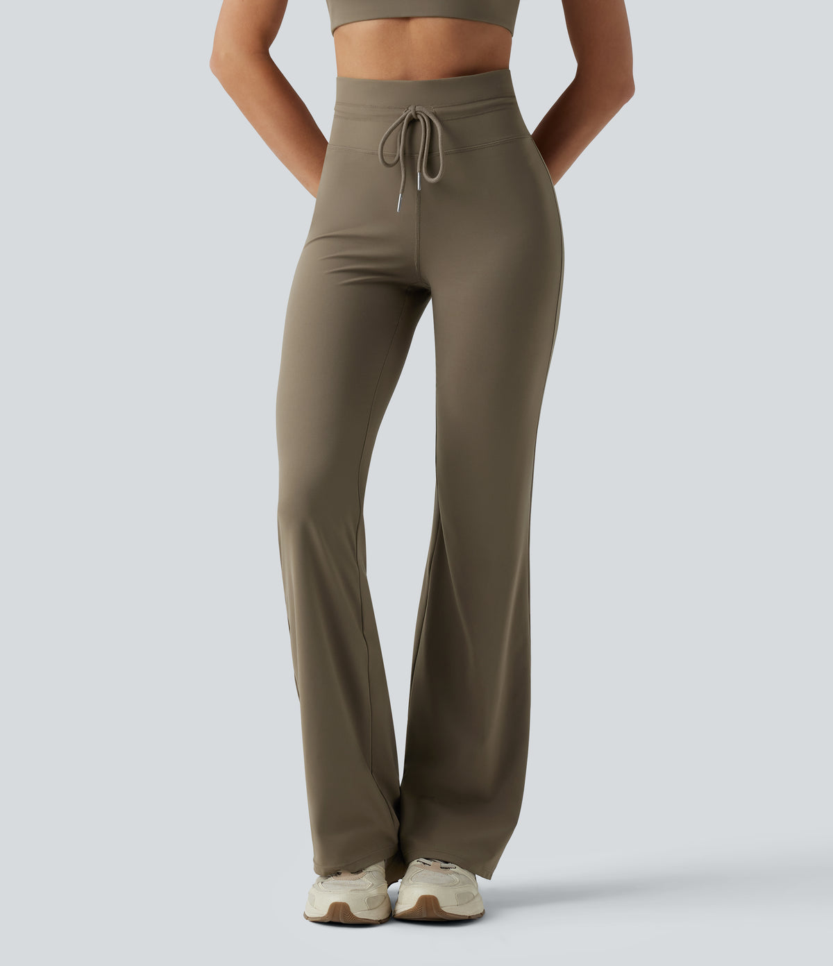 High Waisted Drawstring Plain Flared Yoga Trousers with Pockets — Hay Brown — view 3