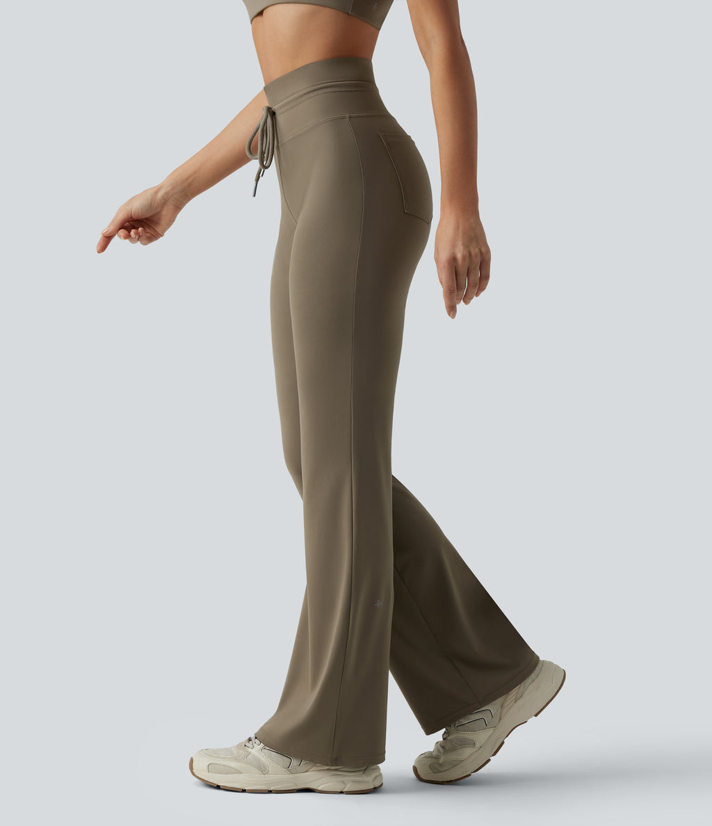 High Waisted Drawstring Plain Flared Yoga Trousers with Pockets — Hay Brown — view 1