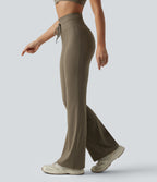 High Waisted Drawstring Plain Flared Yoga Trousers with Pockets — Hay Brown — view 1