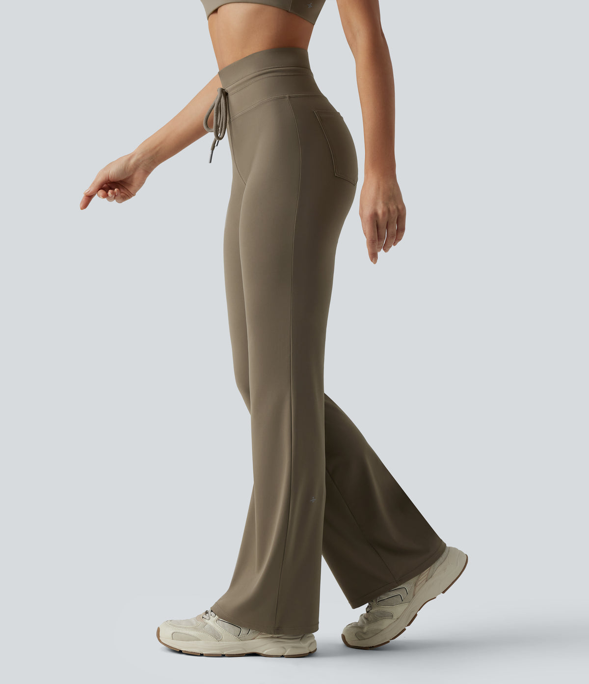 High Waisted Drawstring Plain Flared Yoga Trousers with Pockets — Hay Brown — view 1