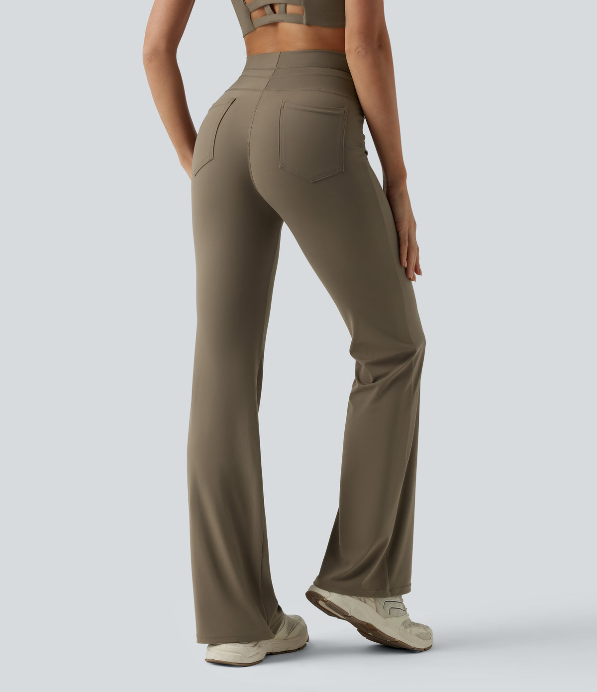 High Waisted Drawstring Plain Flared Yoga Trousers with Pockets — Hay Brown — view 2