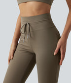 High Waisted Drawstring Plain Flared Yoga Trousers with Pockets — Hay Brown — view 4