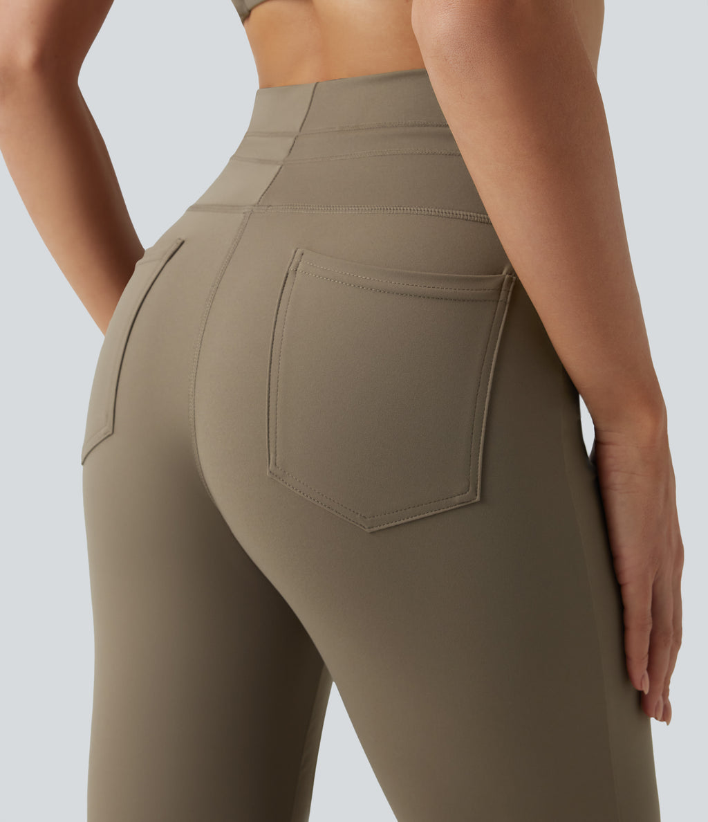 High Waisted Drawstring Plain Flared Yoga Trousers with Pockets — Hay Brown — view 5