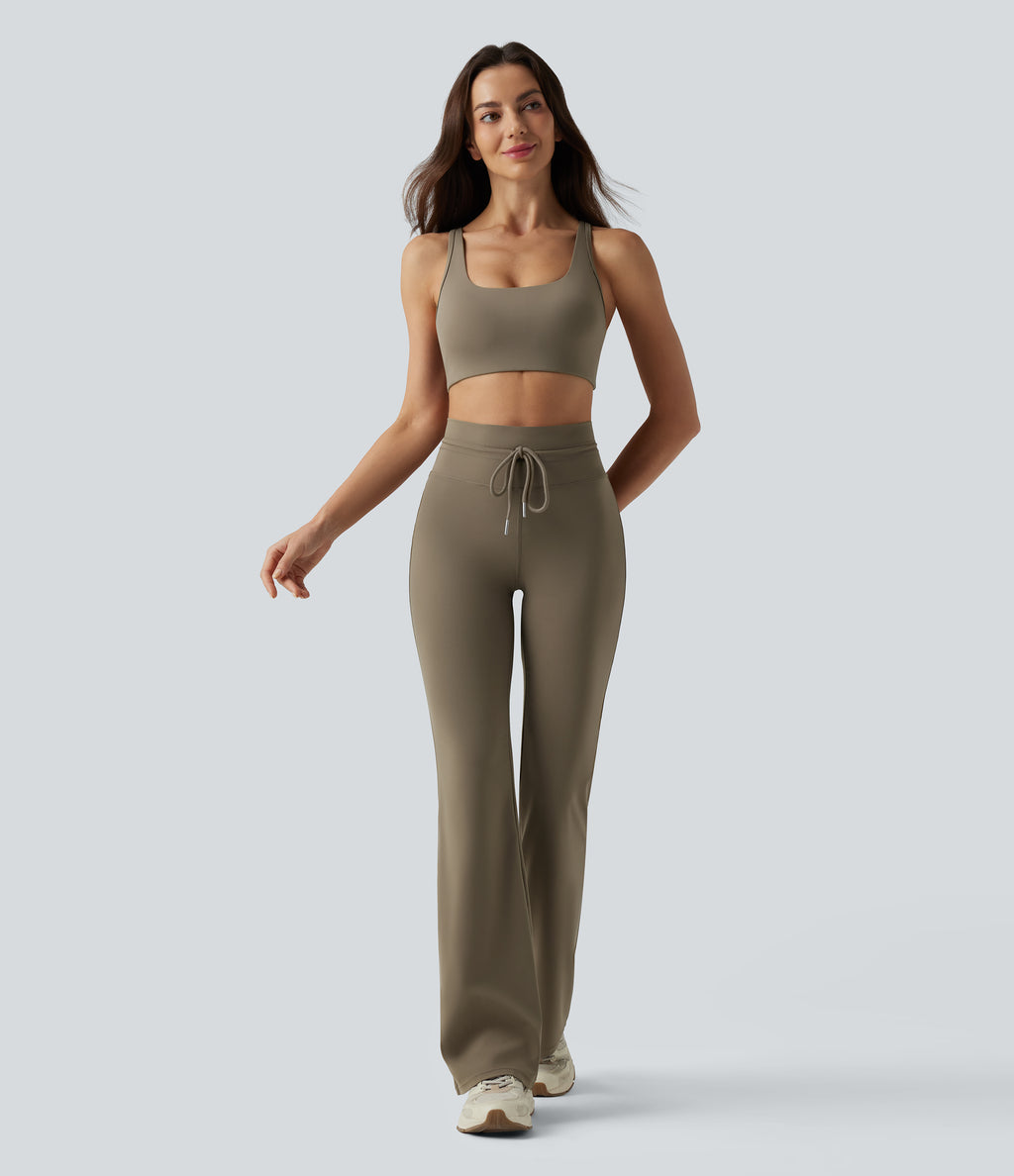 High Waisted Drawstring Plain Flared Yoga Trousers with Pockets — Hay Brown — view 6