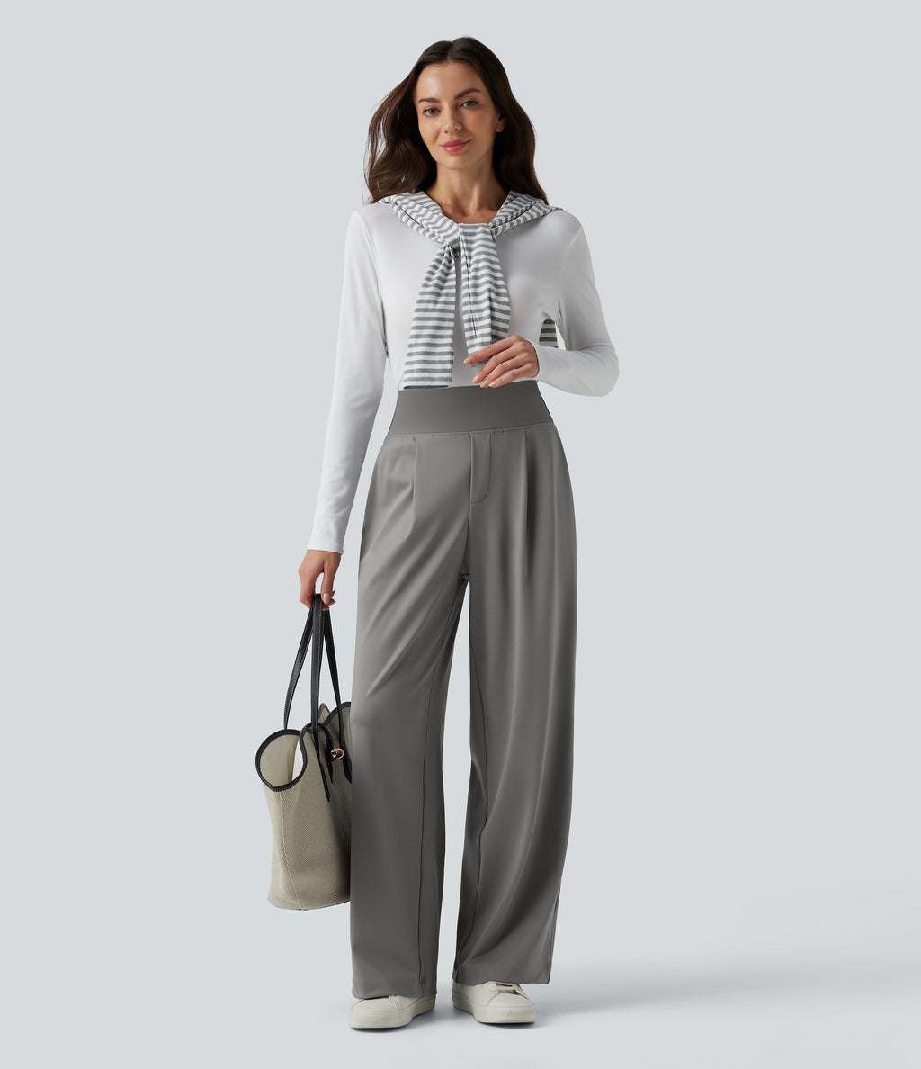 High Waisted Tummy Control Straight Leg Work Trousers with Pockets — Silent Storm — view 6