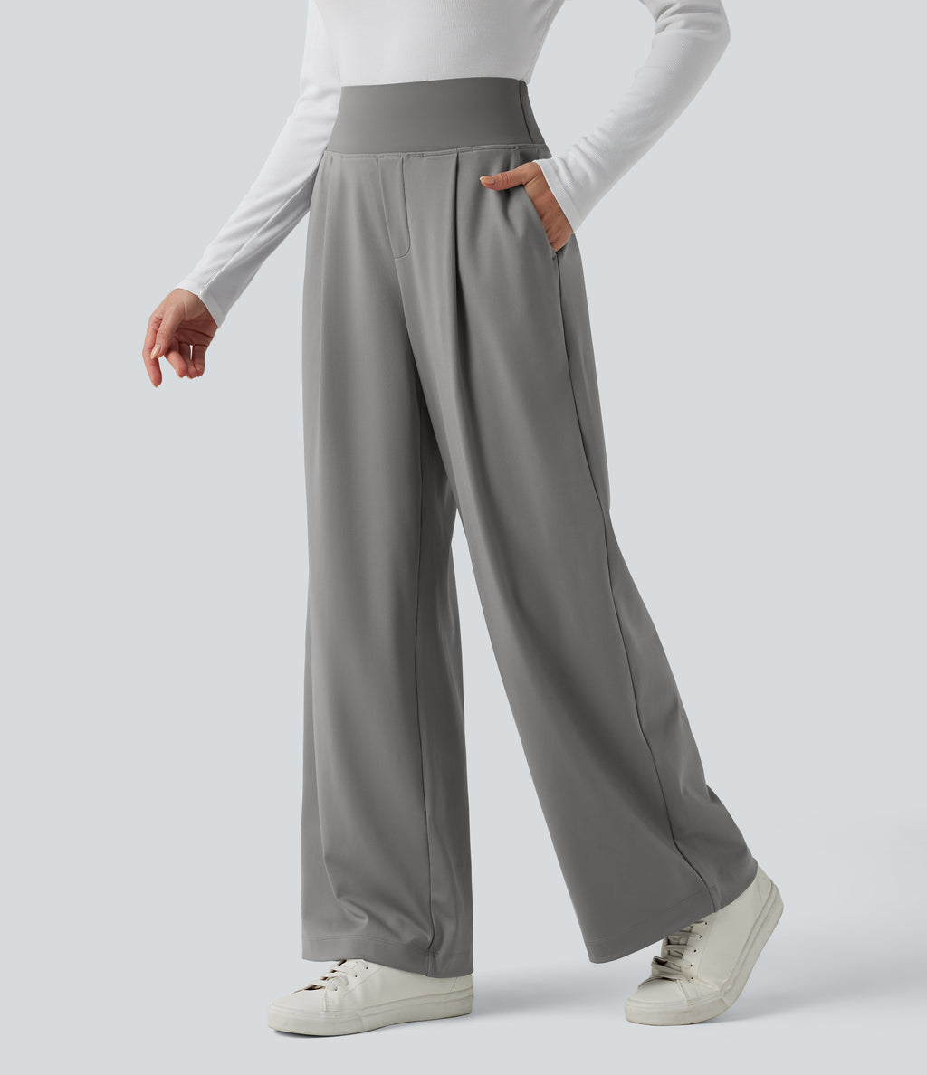 High Waisted Tummy Control Straight Leg Work Trousers with Pockets — Silent Storm — view 3
