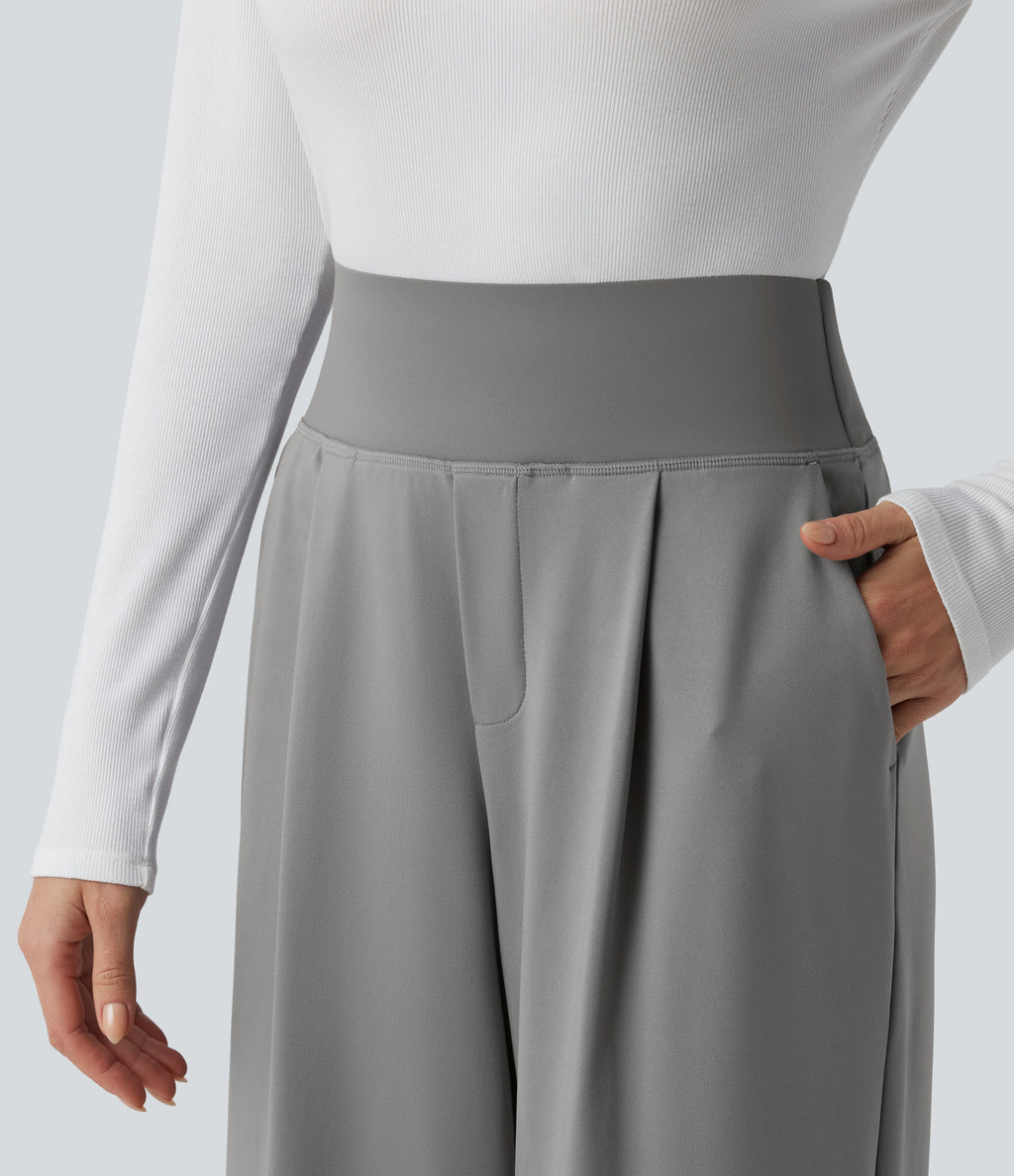 High Waisted Tummy Control Straight Leg Work Trousers with Pockets — Silent Storm — view 5