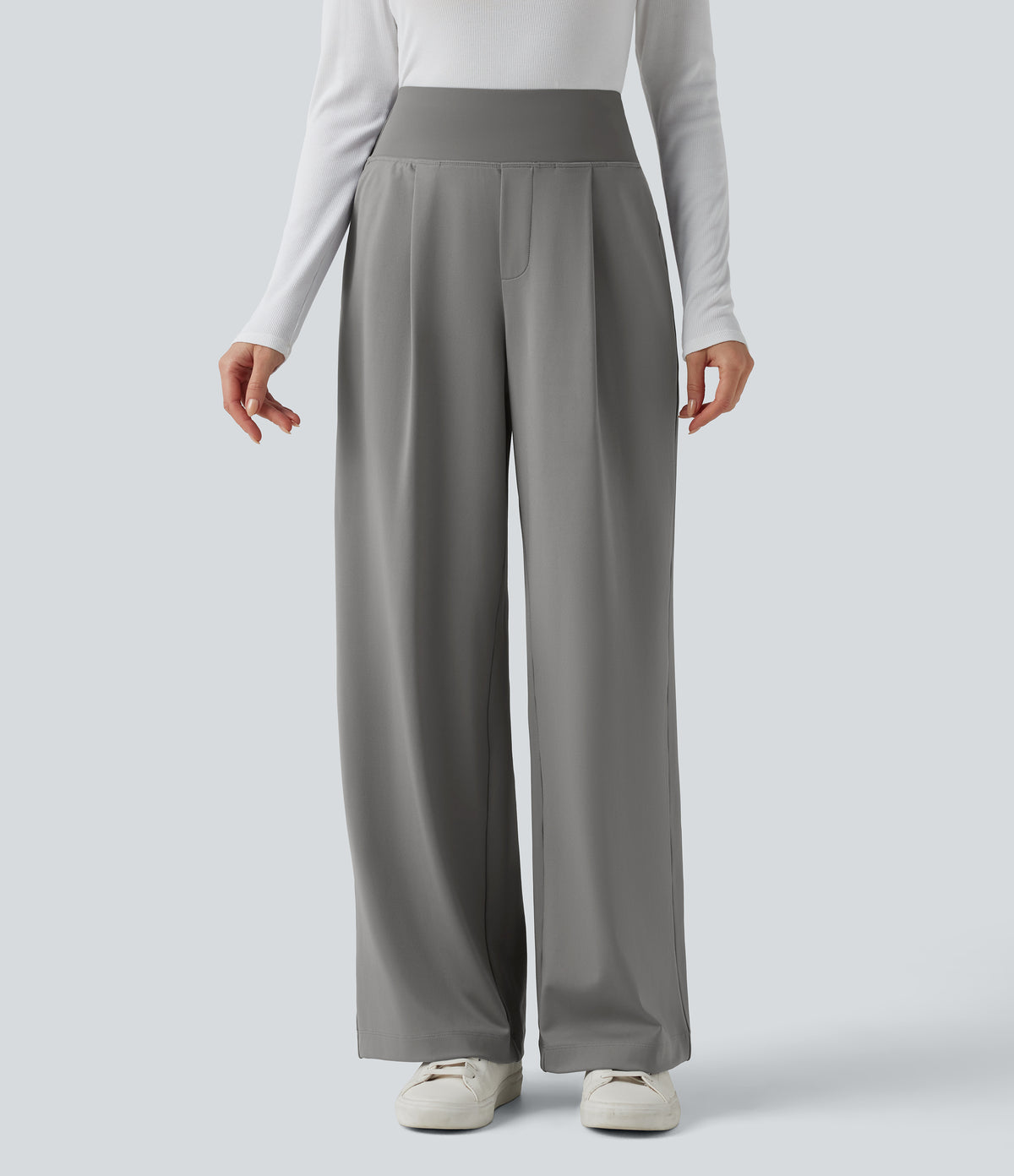 High Waisted Tummy Control Straight Leg Work Trousers with Pockets — Silent Storm — view 2