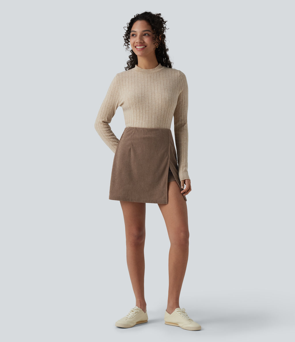 High Waisted Back Zipper Split Hem 2-in-1 Corduroy Casual Skirt-Longer Length — Acorn — view 8