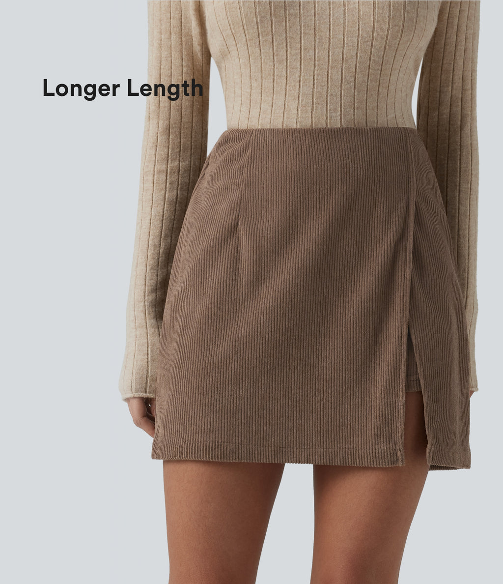 High Waisted Back Zipper Split Hem 2-in-1 Corduroy Casual Skirt-Longer Length — Acorn — view 1
