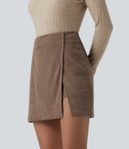 High Waisted Back Zipper Split Hem 2-in-1 Corduroy Casual Skirt-Longer Length — Acorn — view 4