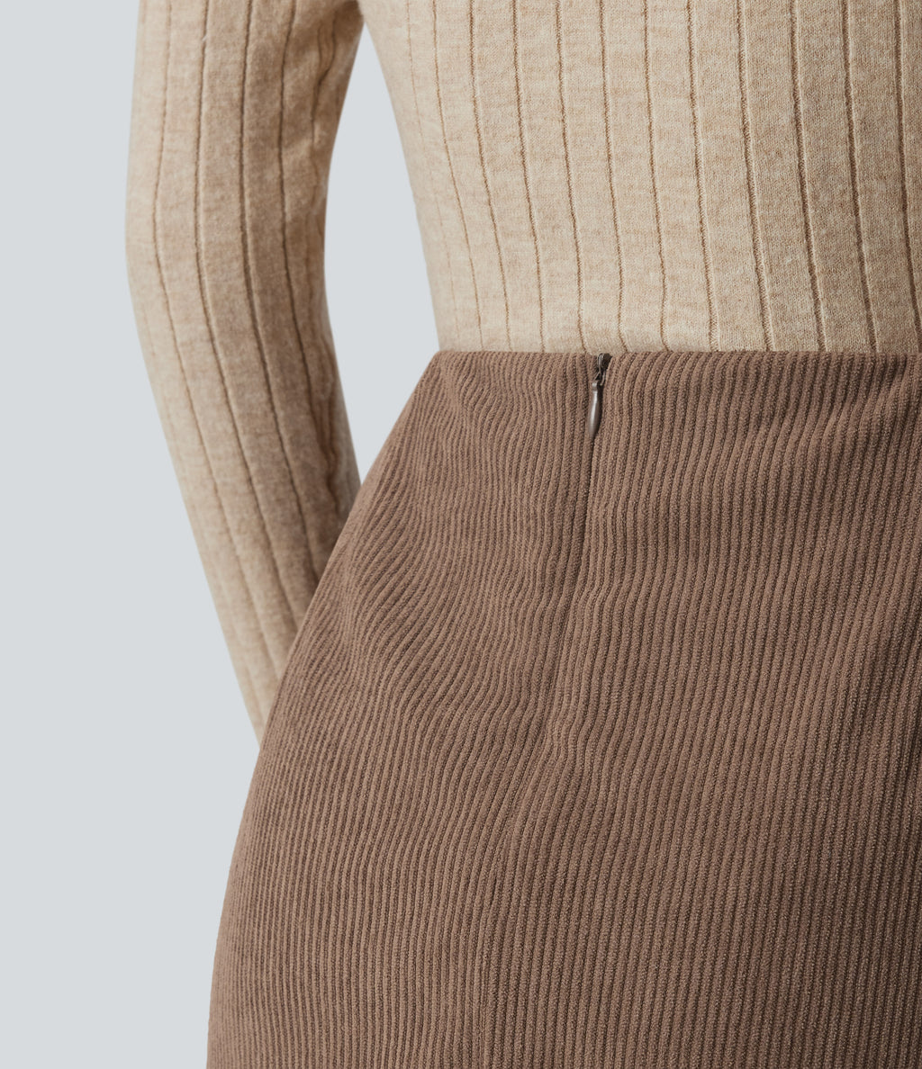 High Waisted Back Zipper Split Hem 2-in-1 Corduroy Casual Skirt-Longer Length — Acorn — view 6