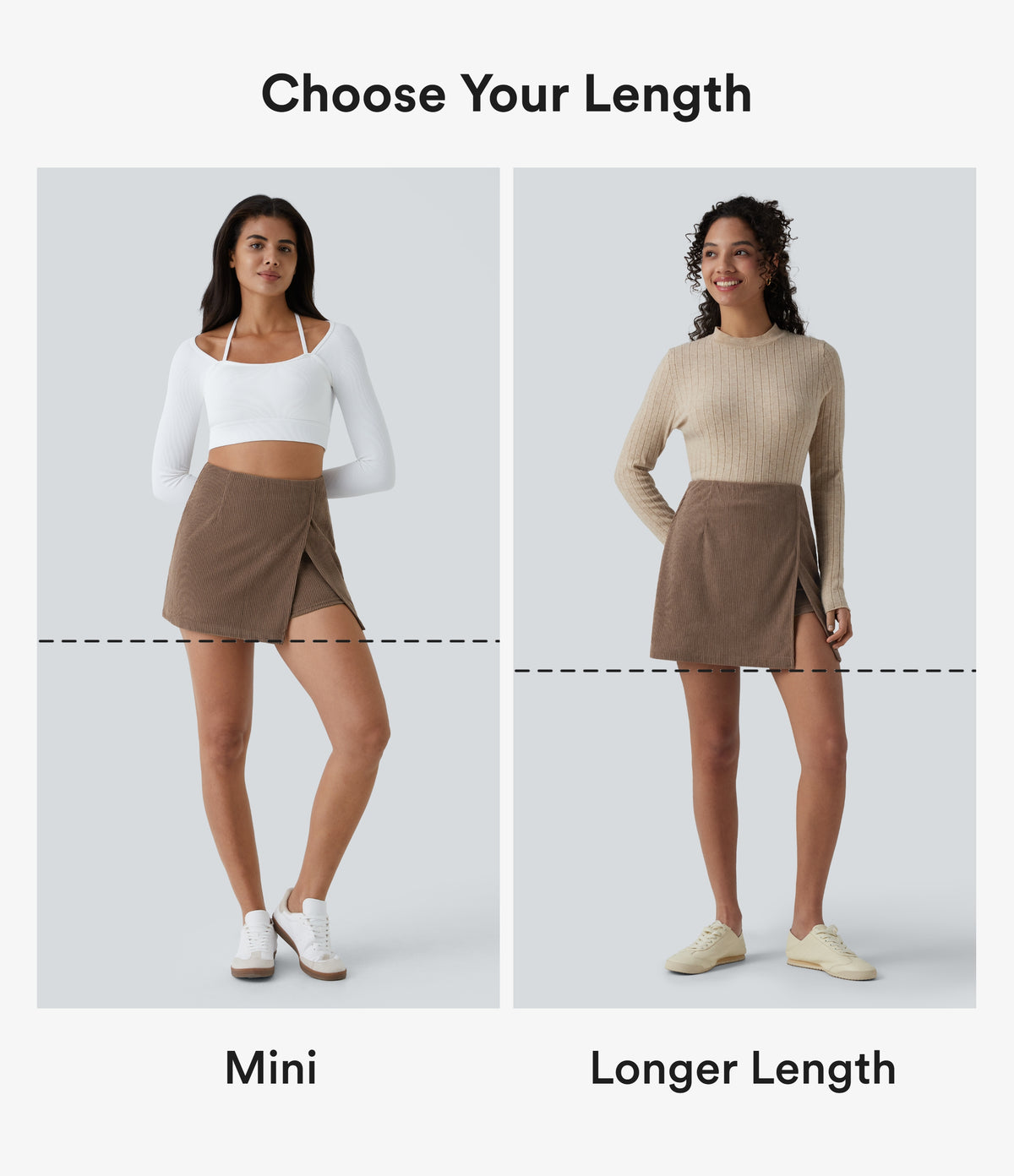 High Waisted Back Zipper Split Hem 2-in-1 Corduroy Casual Skirt-Longer Length — Acorn — view 2