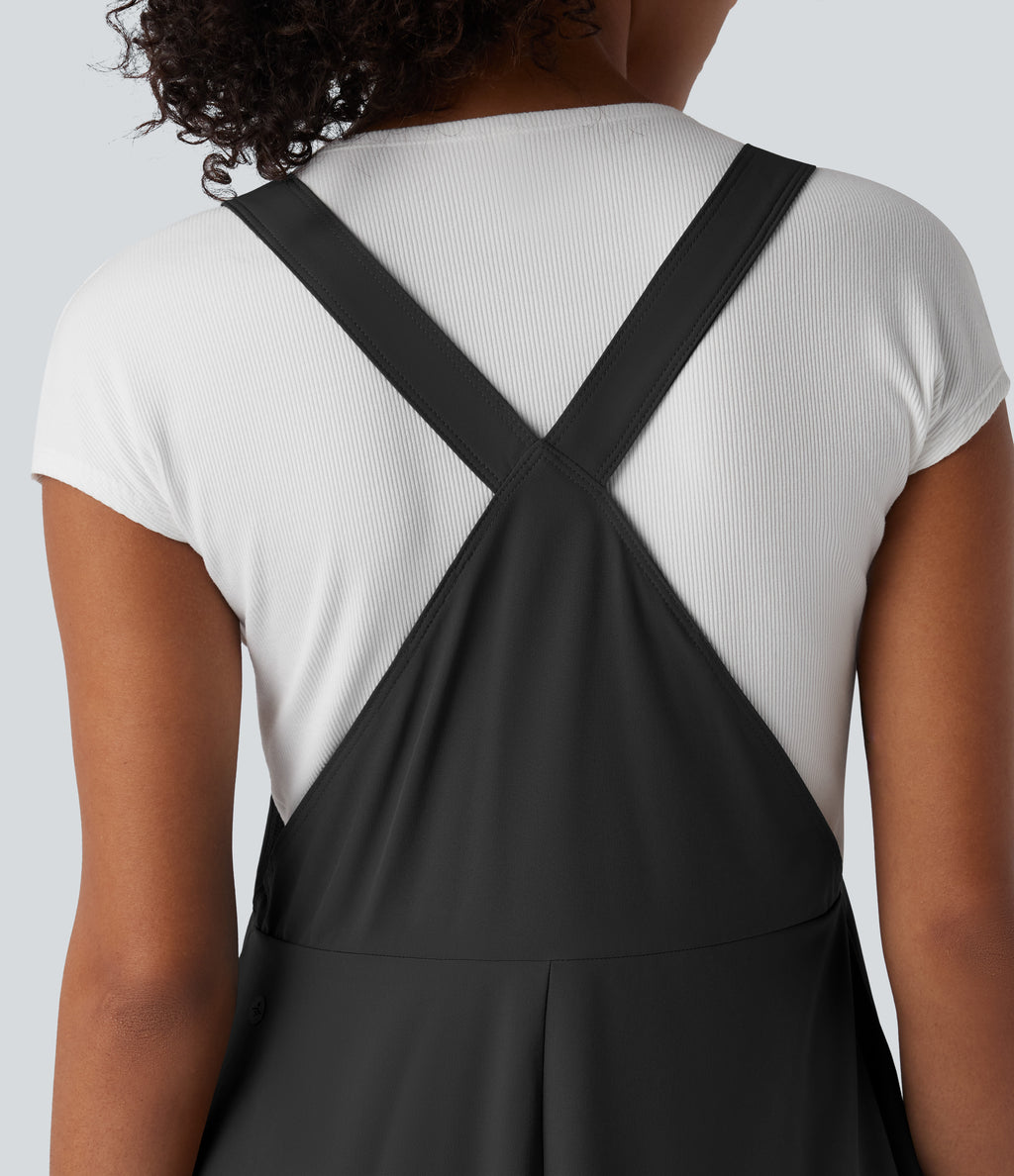 Adjustable Straps Flowy Quick Dry Mini Casual Pinafore Dress with Pockets — Black — view 6