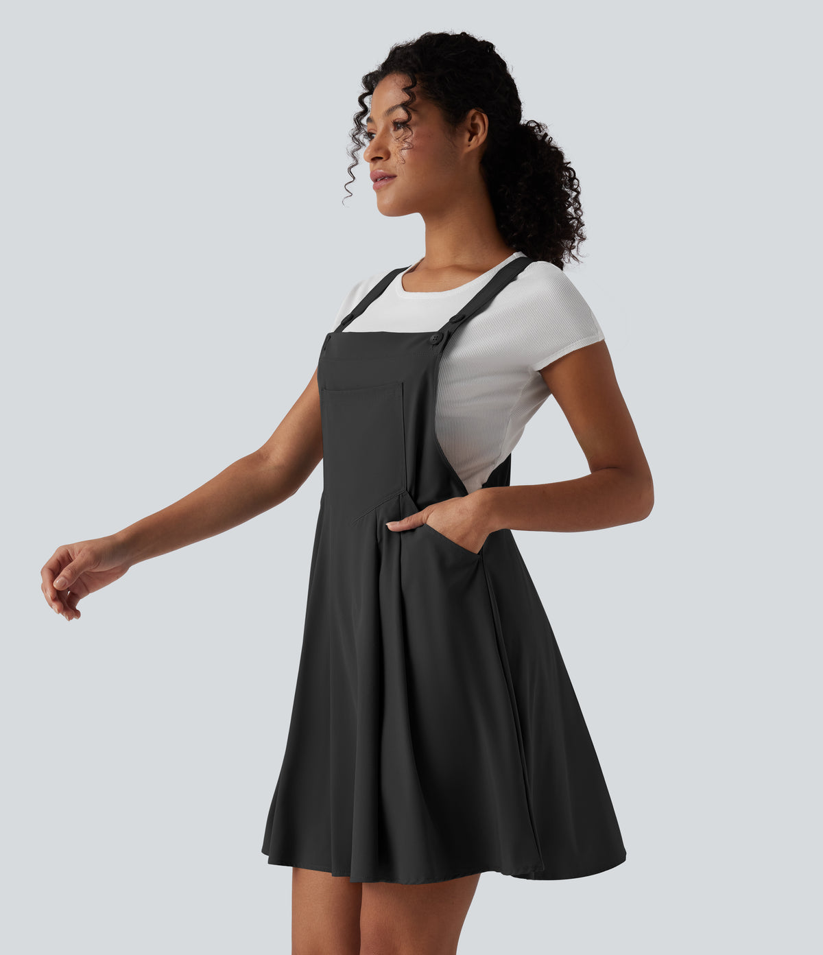 Adjustable Straps Flowy Quick Dry Mini Casual Pinafore Dress with Pockets — Black — view 1