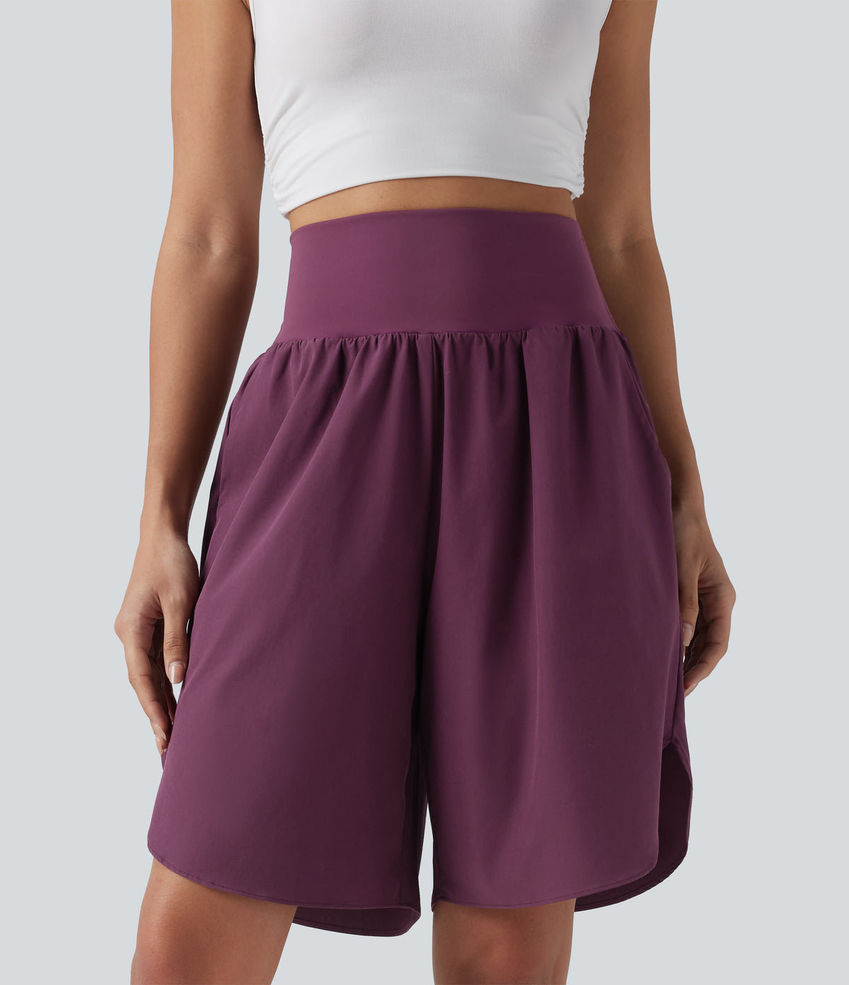 High Waisted Tummy Control Split Hem Quick Dry Resort Shorts with Pockets — Amaranth — view 3