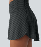 High Waisted Crossover 2-in-1 Stripe Mini Tennis Skirt with Pockets — Steel Stripe — view 5
