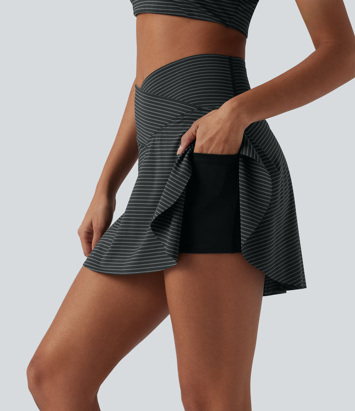 High Waisted Crossover 2-in-1 Stripe Mini Tennis Skirt with Pockets — Steel Stripe — view 1