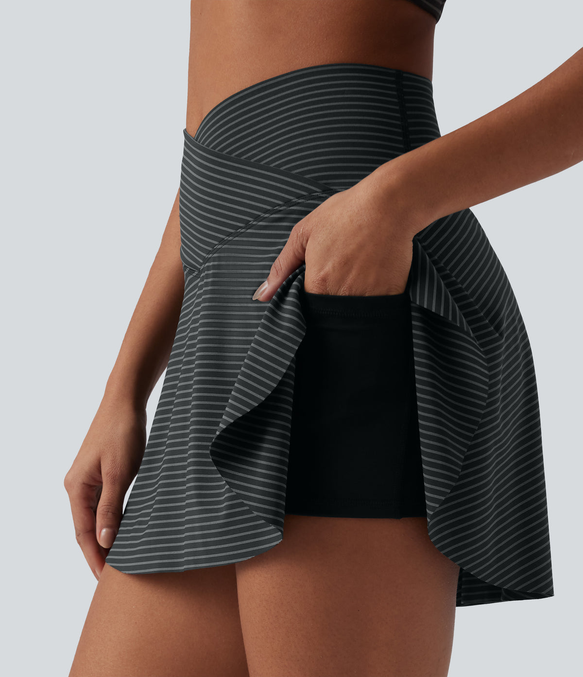 High Waisted Crossover 2-in-1 Stripe Mini Tennis Skirt with Pockets — Steel Stripe — view 4