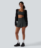 High Waisted Crossover 2-in-1 Stripe Mini Tennis Skirt with Pockets — Steel Stripe — view 8