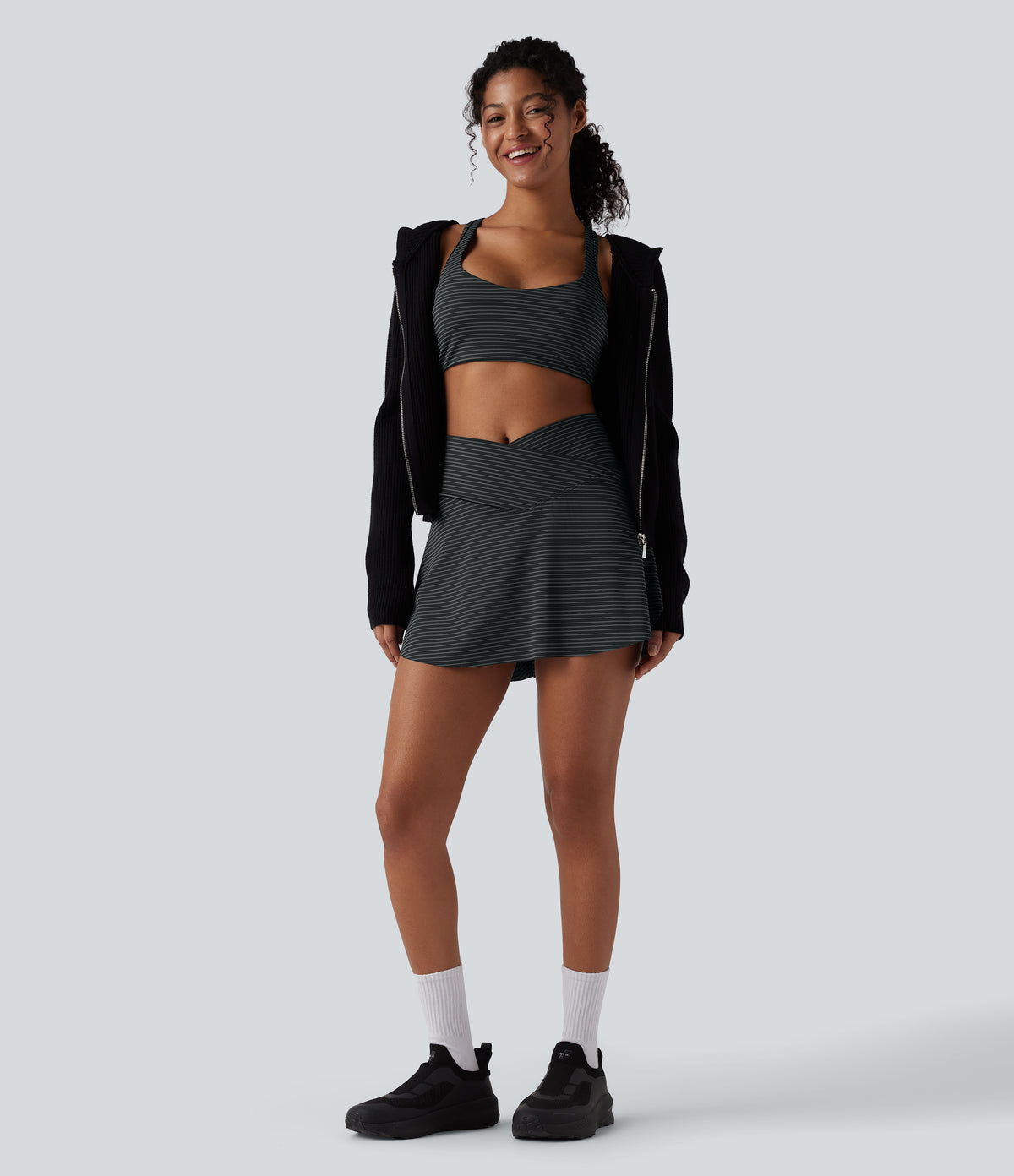 High Waisted Crossover 2-in-1 Stripe Mini Tennis Skirt with Pockets — Steel Stripe — view 8