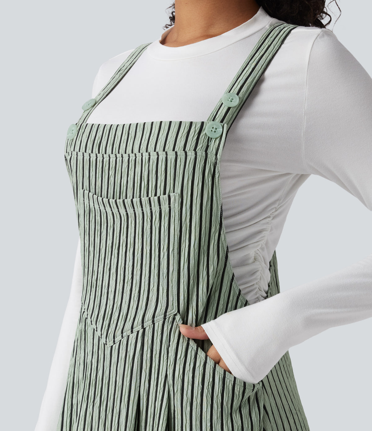 Stripe Flowy Midi Casual Dress with Pockets — Grey Green Black Stripes — view 4