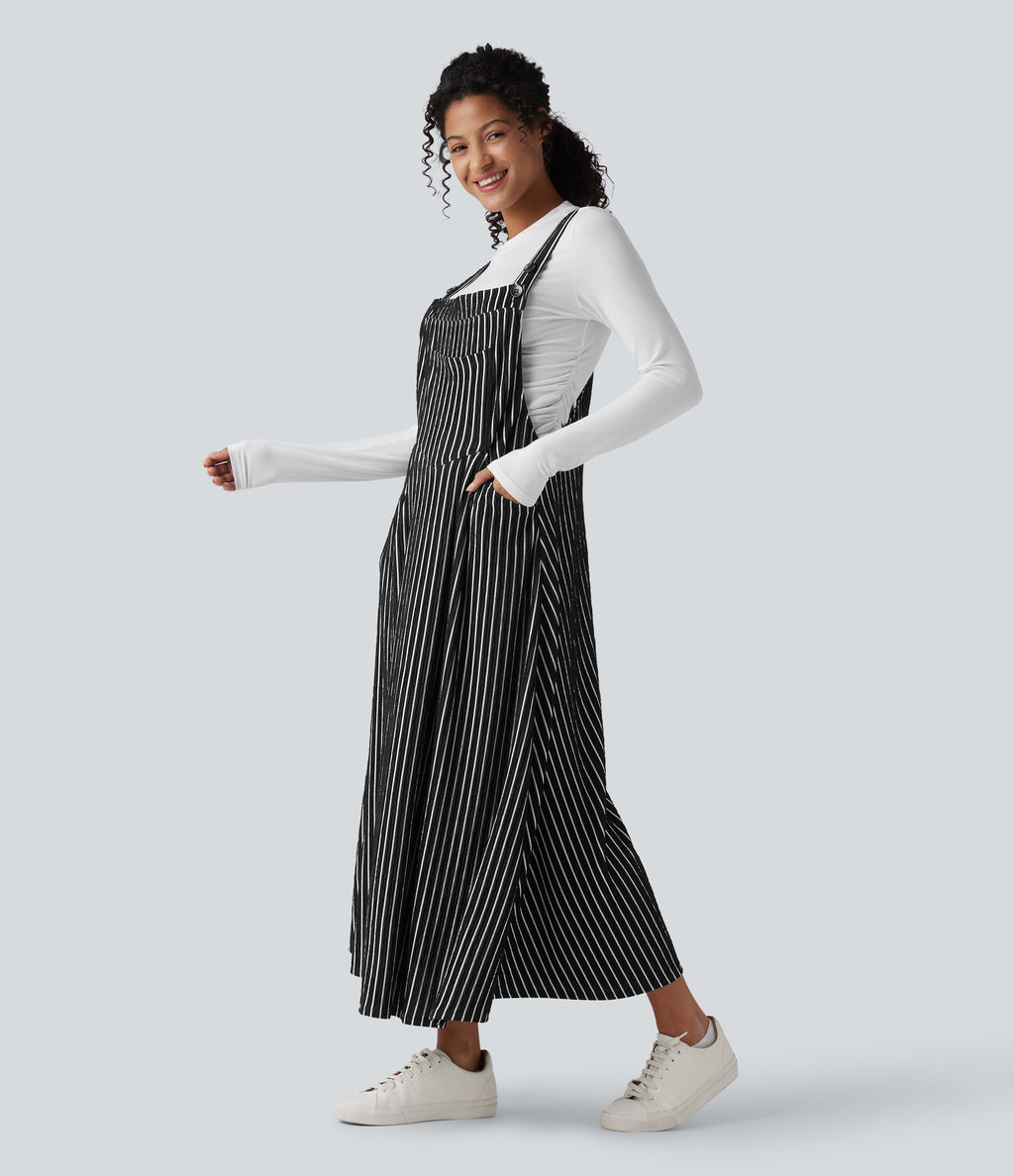 Stripe Flowy Midi Casual Dress with Pockets — Black White Stripes — view 6