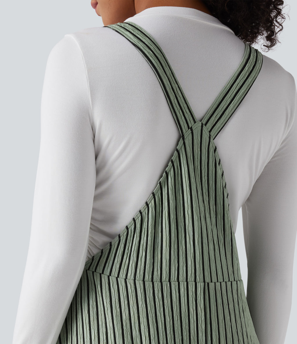 Stripe Flowy Midi Casual Dress with Pockets — Grey Green Black Stripes — view 5