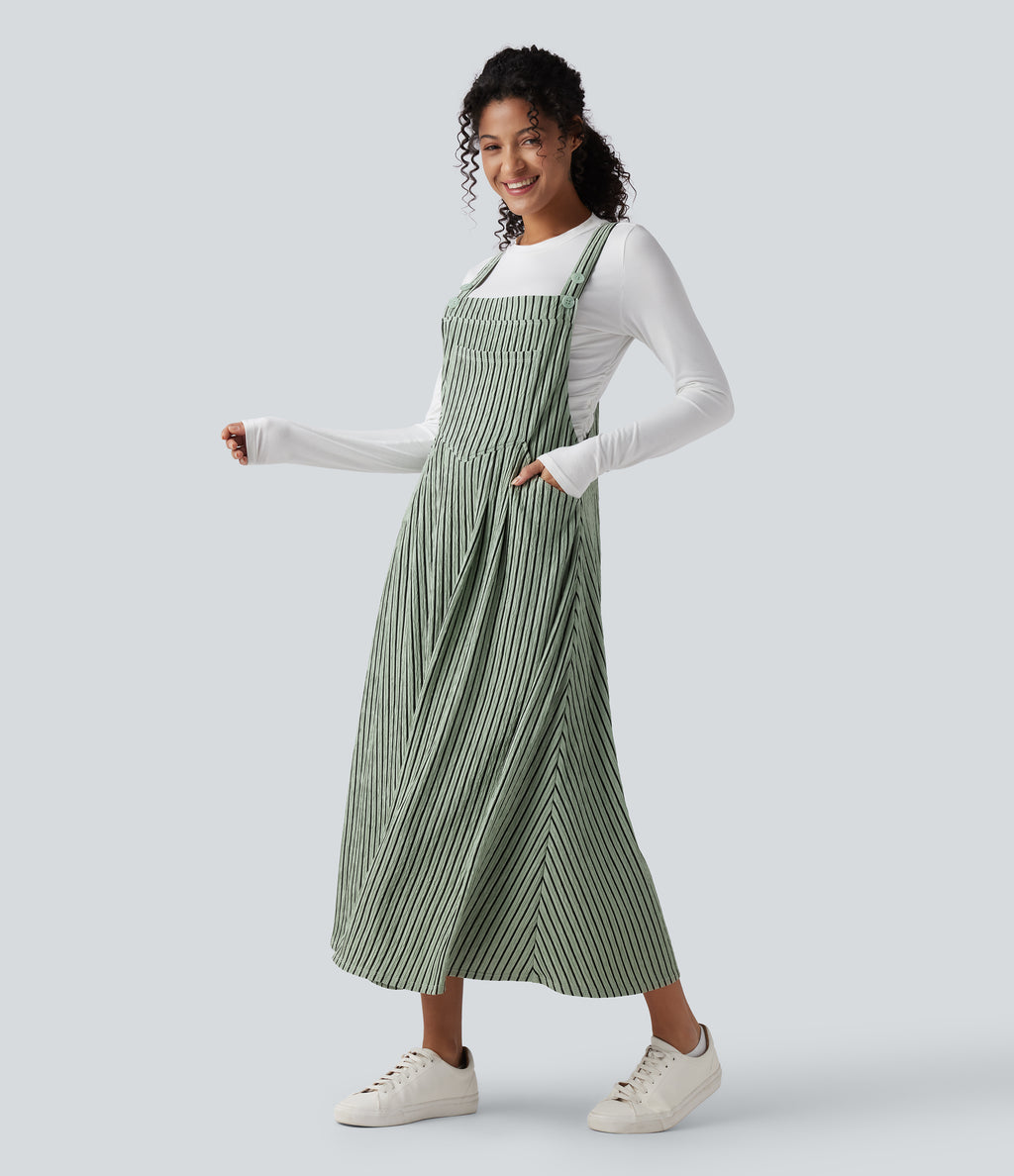Stripe Flowy Midi Casual Dress with Pockets — Grey Green Black Stripes — view 1