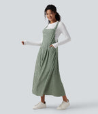 Stripe Flowy Midi Casual Dress with Pockets — Grey Green Black Stripes — view 1