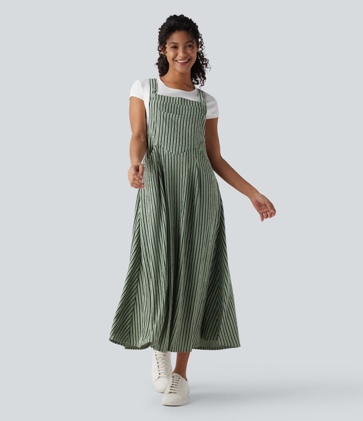 Stripe Flowy Midi Casual Dress with Pockets — Grey Green Black Stripes — view 3