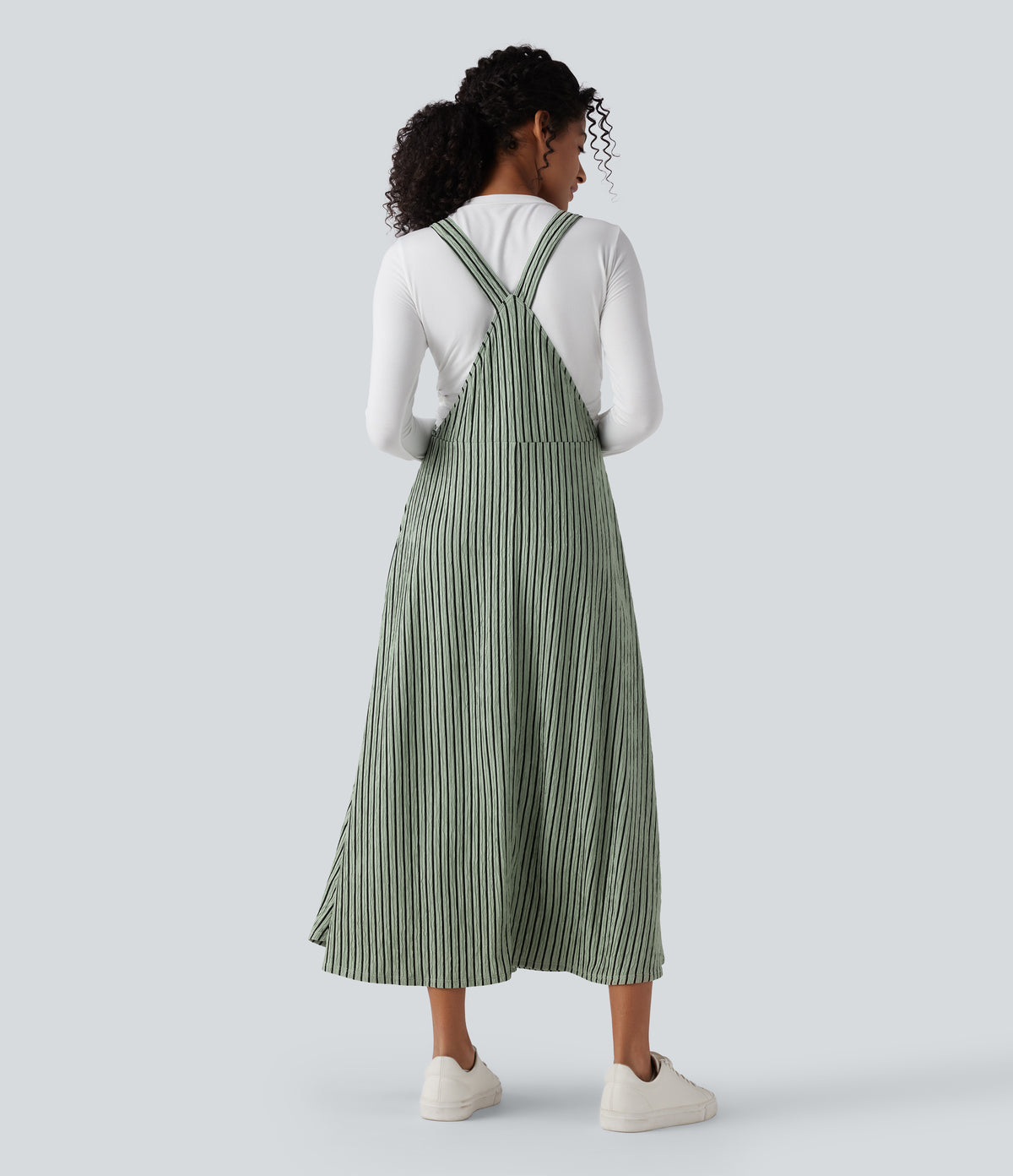 Stripe Flowy Midi Casual Dress with Pockets — Grey Green Black Stripes — view 2