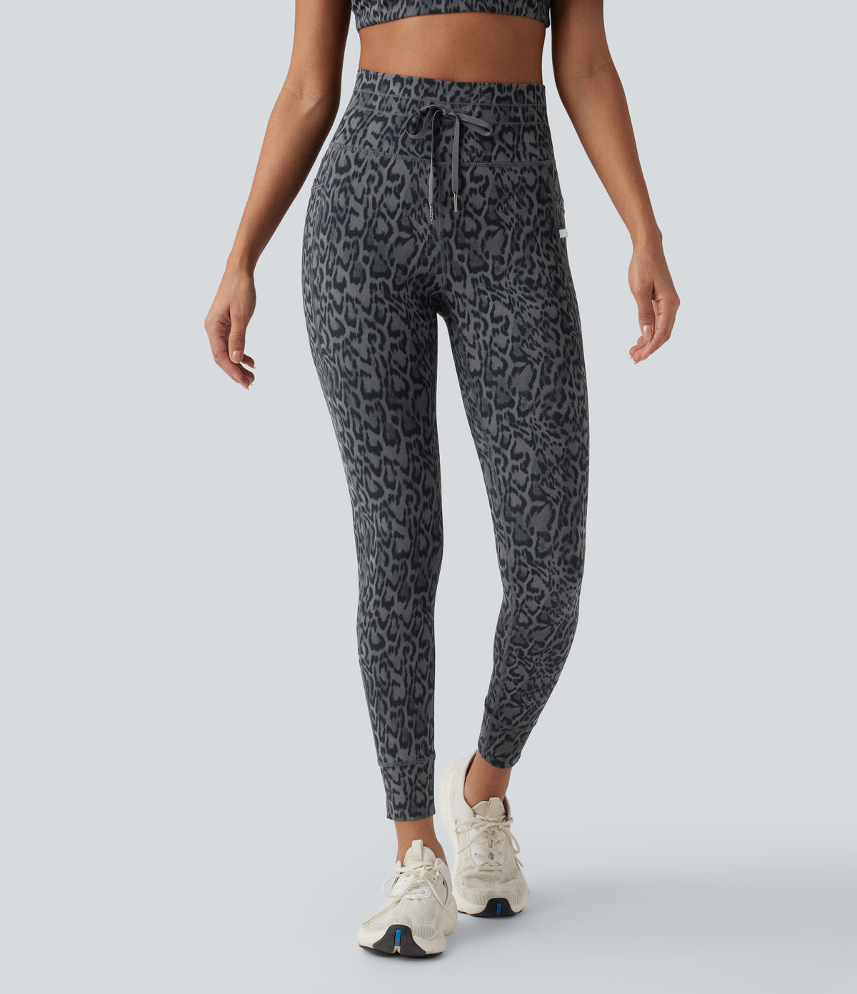 Leopard Print High Waisted Drawstring Yoga Leggings with Pockets — Shadow Leopard — view 3