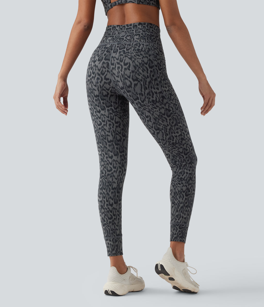 Leopard Print High Waisted Drawstring Yoga Leggings with Pockets — Shadow Leopard — view 2