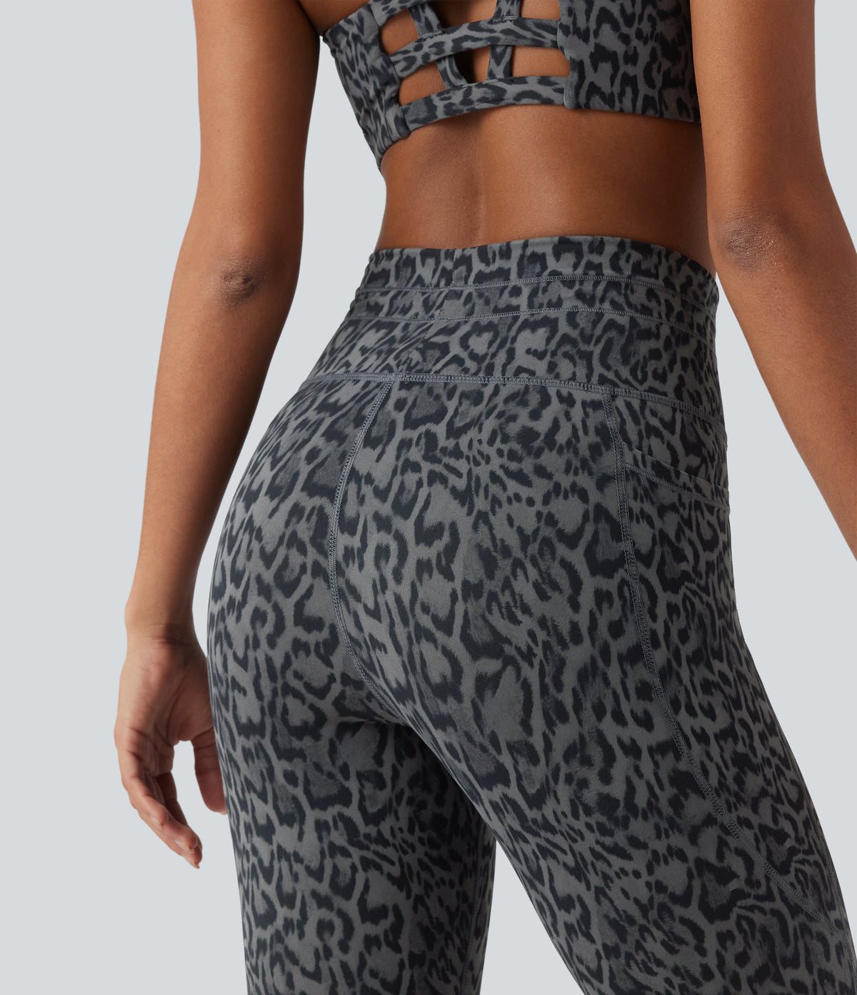 Leopard Print High Waisted Drawstring Yoga Leggings with Pockets — Shadow Leopard — view 5