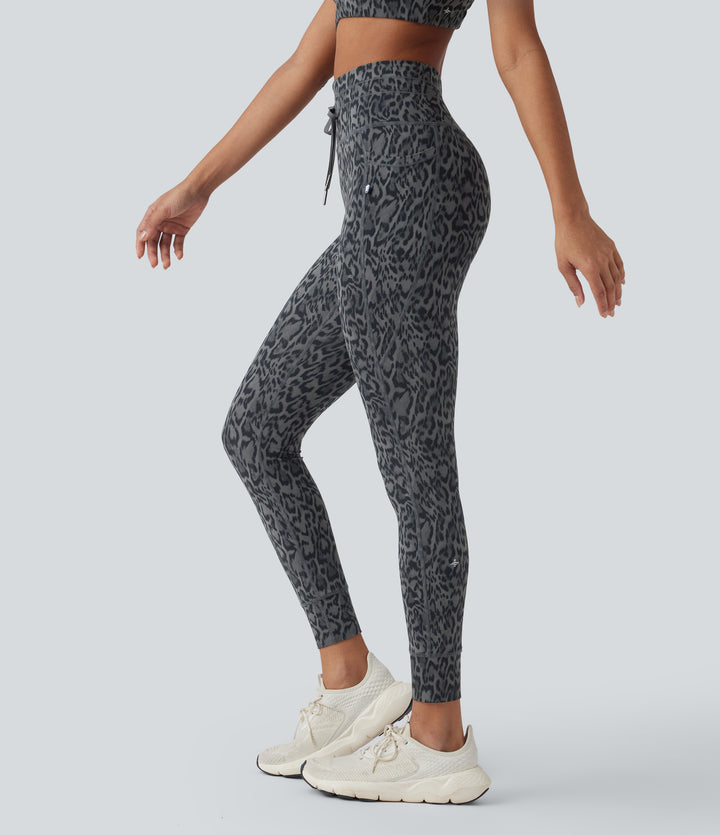 Leopard Print High Waisted Drawstring Yoga Leggings with Pockets — Shadow Leopard — view 1