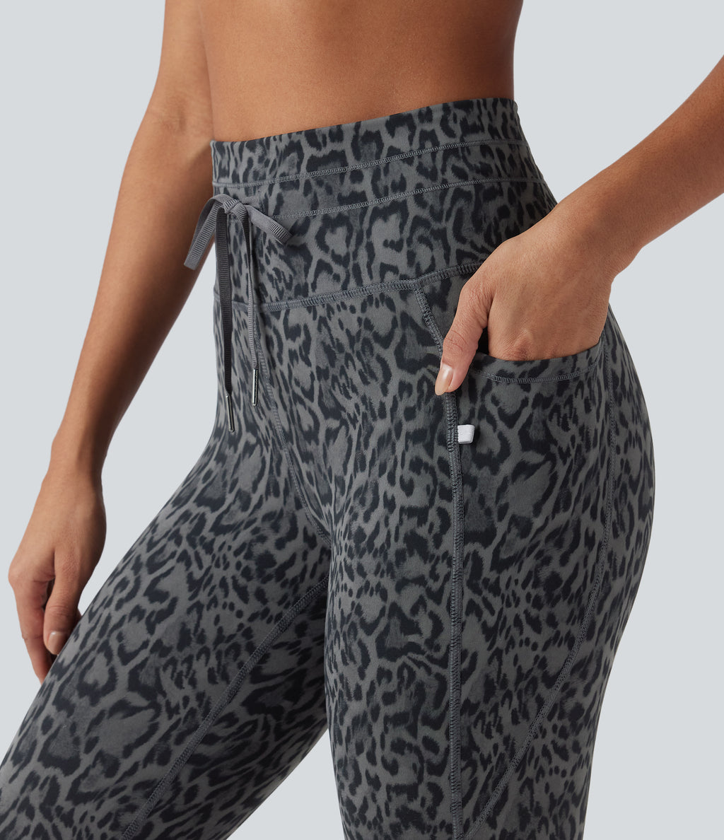 Leopard Print High Waisted Drawstring Yoga Leggings with Pockets — Shadow Leopard — view 4