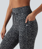 Leopard Print High Waisted Drawstring Yoga Leggings with Pockets — Shadow Leopard — view 4