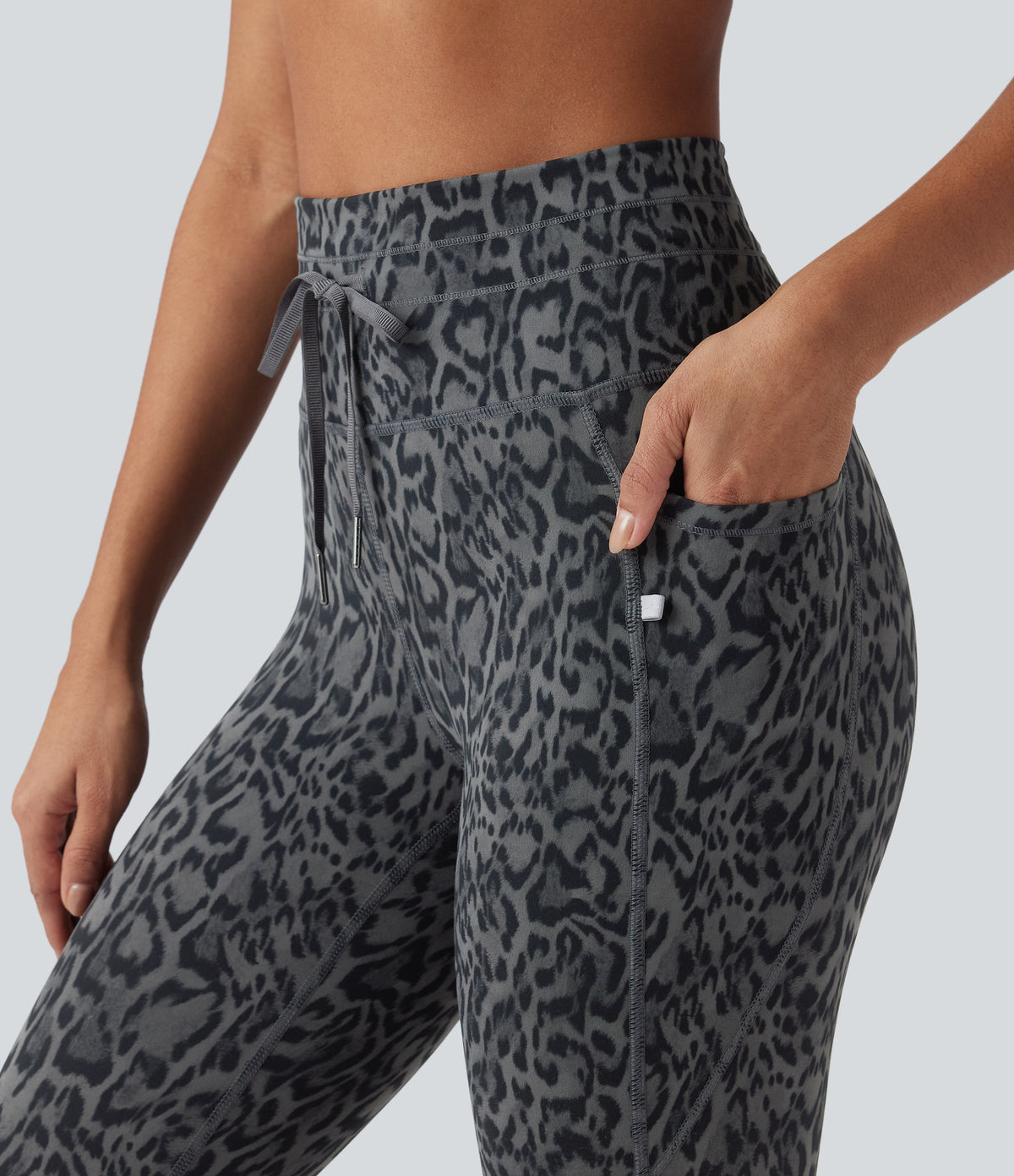 Leopard Print High Waisted Drawstring Yoga Leggings with Pockets — Shadow Leopard — view 4