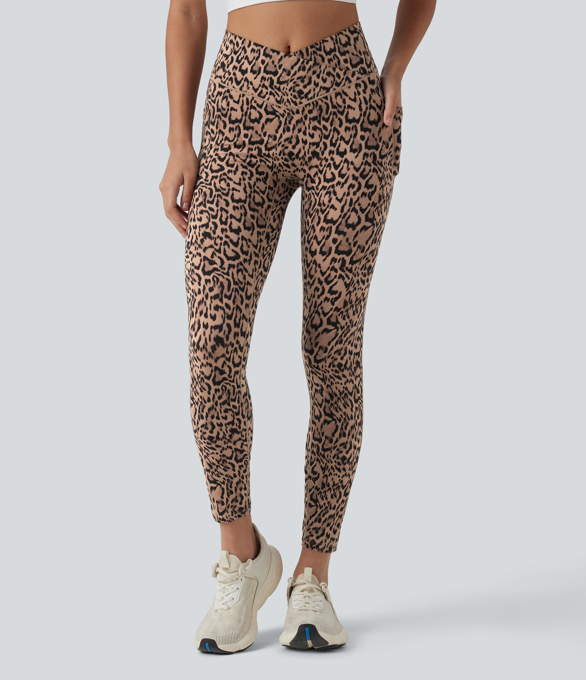 Crossover High Waisted Leopard Print Yoga 7/8 Leggings with Pockets — Blush Safari — view 4
