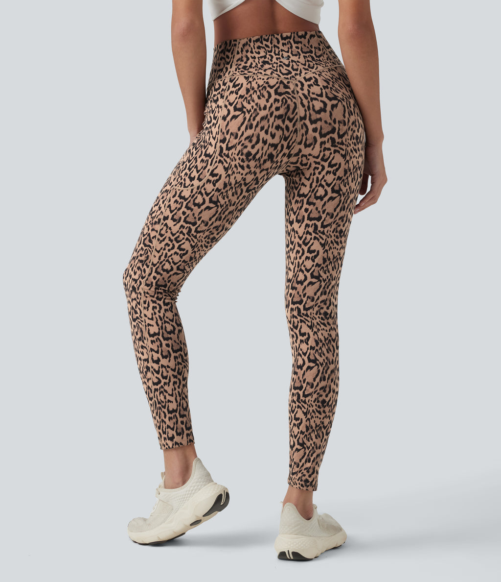 Crossover High Waisted Leopard Print Yoga 7/8 Leggings with Pockets — Blush Safari — view 2