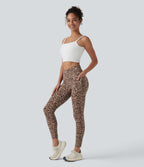 Crossover High Waisted Leopard Print Yoga 7/8 Leggings with Pockets — Blush Safari — view 7