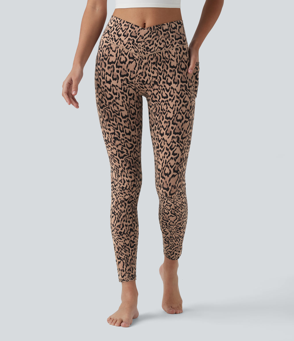 Crossover High Waisted Leopard Print Yoga 7/8 Leggings with Pockets — Blush Safari — view 1